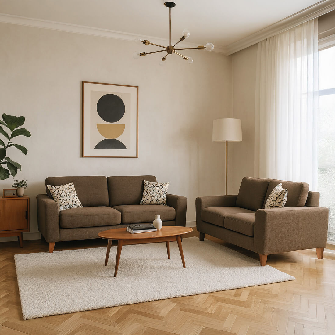 Σετ καναπέδων Renata σκούρο καφέ: υφασμάτινος τριθέσιος και διθέσιος με κωνικά ξύλινα πόδια, αισθητική mid-century / Brown