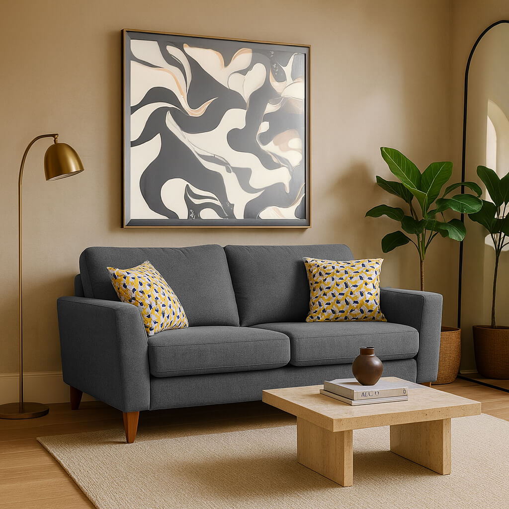 Διθέσιος καναπές Ρενάτα – ύφασμα – γκρι – σε μοντέρνο σαλόνι – με ξύλινα πόδια / Grey