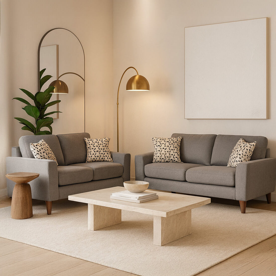 Σετ καναπέδων Renata γκρι: υφασμάτινος τριθέσιος και διθέσιος, κωνικά ξύλινα πόδια, καθαρές γραμμές, αισθητική mid-century / Grey