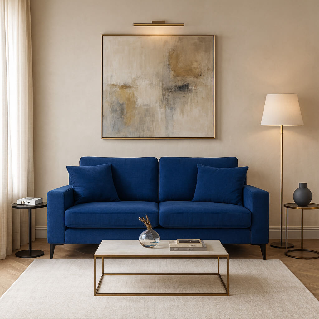 Ένας διθέσιος καναπές σε έντονο βασιλικό μπλε χρώμα, σε ένα κομψά διακοσμημένο σαλόνι. Ο χώρος είναι επιπλωμένος με ένα ορθογώνιο τραπεζάκι με μαρμάρινη επιφάνεια και μπρούτζινο σκελετό, έναν μεγάλο αφηρημένο πίνακα που φωτίζεται από ειδικό φωτιστικό κάδρου, και διάφορα μοντέρνα βοηθητικά τραπεζάκια και φωτιστικά. / Blue