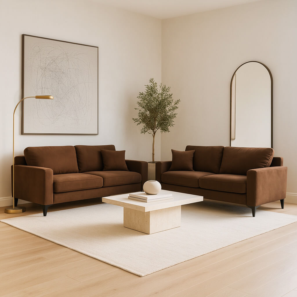 Σετ καναπέδων Star – βελούδο – καφέ – τριθέσιος και διθέσιος – μοντέρνο στυλ. / Brown