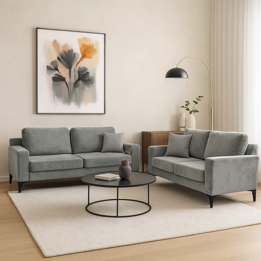 Σετ καναπέδων Star γκρι: υφασμάτινος τριθέσιος και διθέσιος, καθαρές γραμμές, ψηλά πόδια, μοντέρνος για σαλόνι. / Light Grey