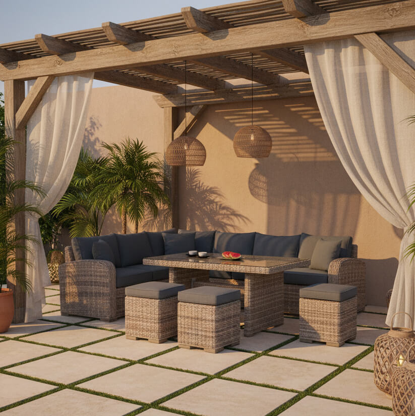 Σετ τραπεζαρίας κήπου Τήλος – rattan – γκρι – γωνιακός καναπές και σκαμπό – μοντέρνο