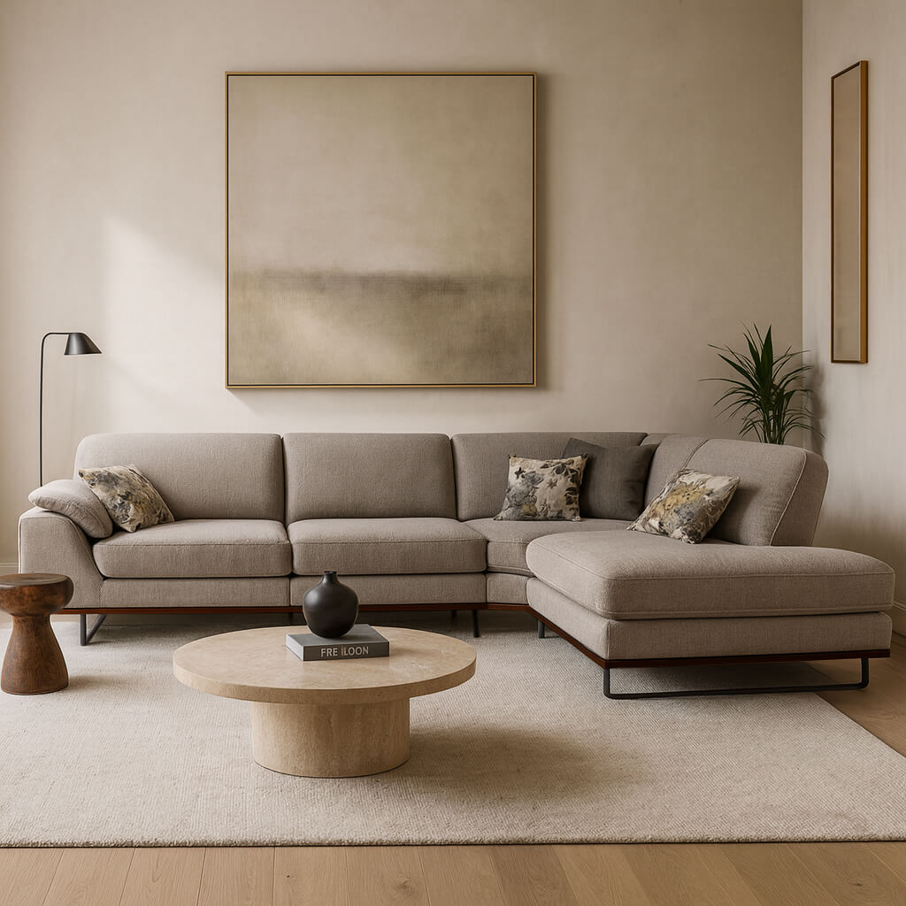 μοντέρνος γωνιακός καναπές- καφέ χρώμα- σε σαλόνι | Lux Furniture / Light brown