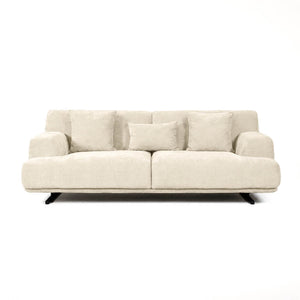 3-seater HAVANA sofa in beige textured fabric with cushions, a wide seat and black legs on a white background.