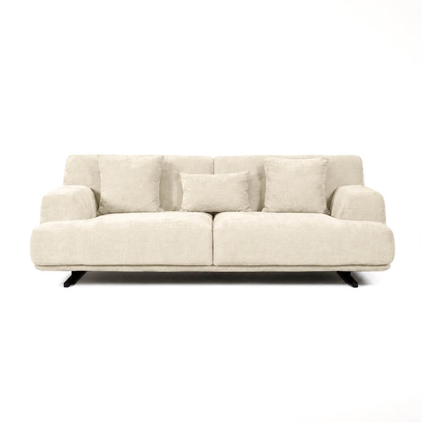 3-seater HAVANA sofa in beige textured fabric with cushions, a wide seat and black legs on a white background.