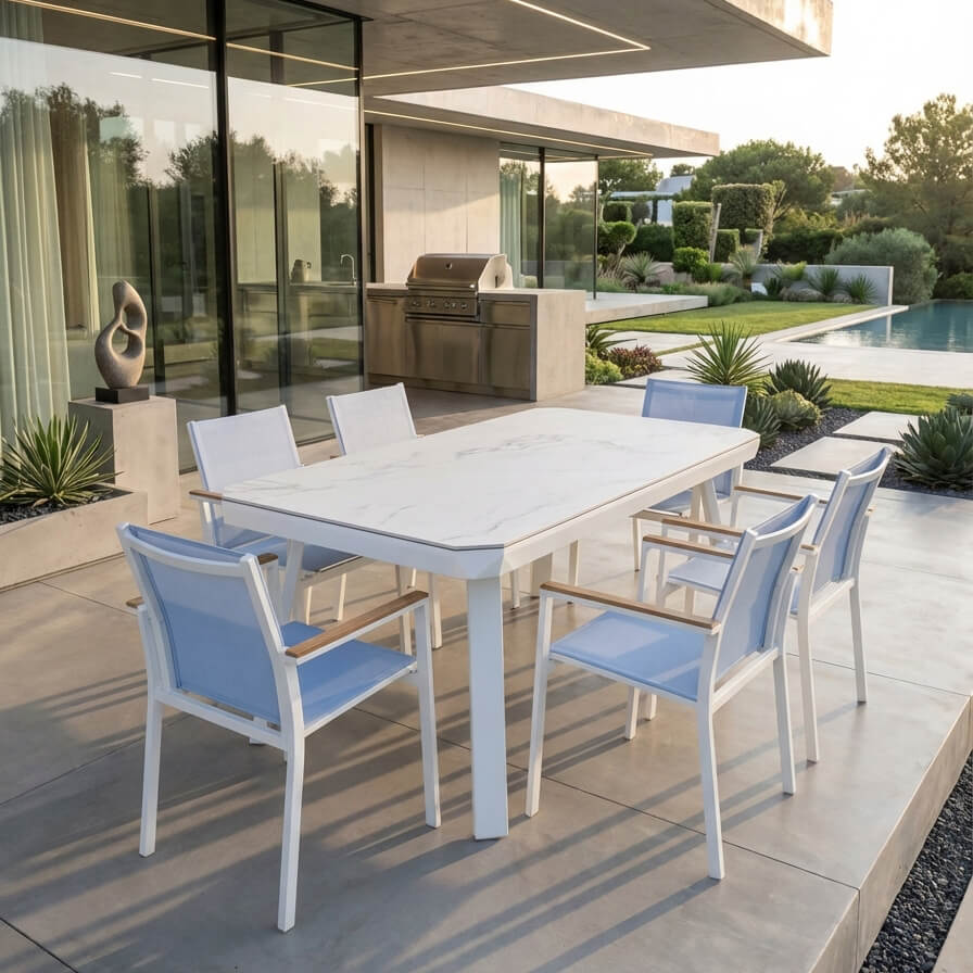 aspri trapezaria exoterikou xorou me 6 karekles. alouminia