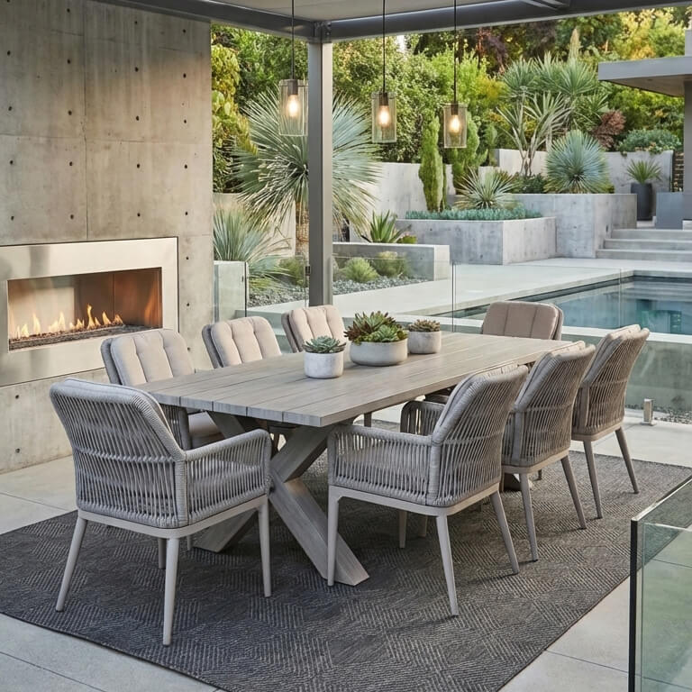 trapezaria alouminiou kipou gkriza gia 8 theseis