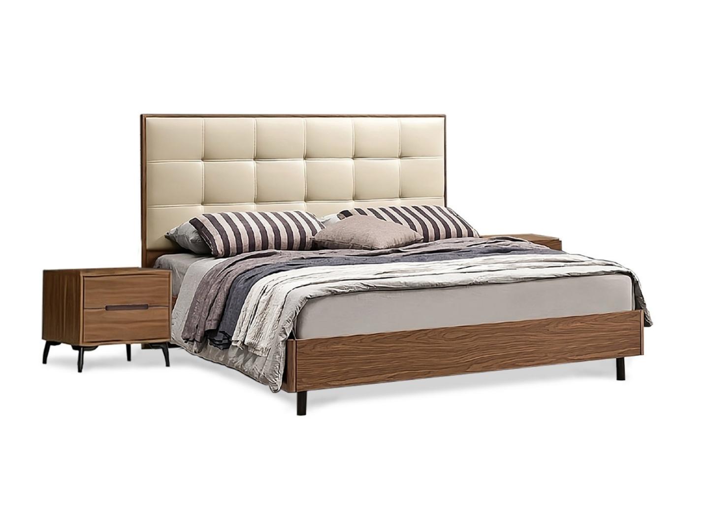 SOLID WOOD BEDFRAME, WITH IVORY HEADBOARD UPHOLSTERY - Lux Furniture