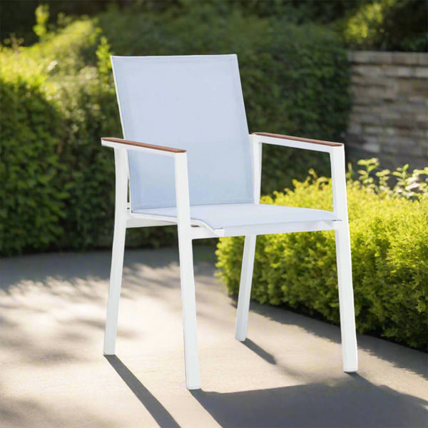 White ALPHA outdoor aluminium chair, with a seat and back in light blue waterproof fabric and wooden details on the arms. | Lux Furniture