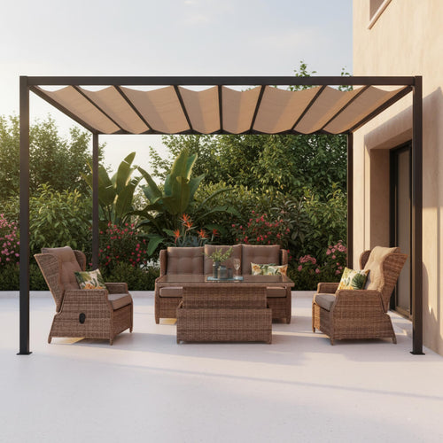 Antiparos garden lounge set, rattan, brown, 4 pieces with reclining backrests, classic / Brown