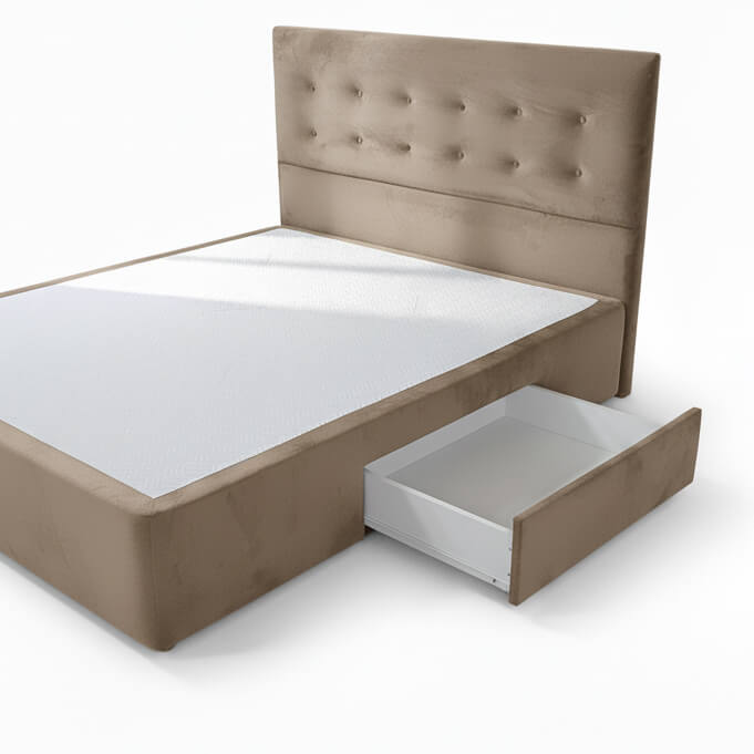 Λεπτομέρεια συρταριού – βάση κρεβατιού Aphro Angel – βελούδο – καφέ – αποθηκευτικός χώρος