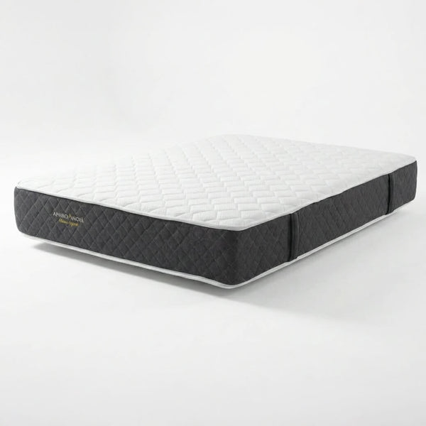Double-sided orthopedic and anatomic mattress with latex and pocket springs, with a white quilted surface and dark grey sides.