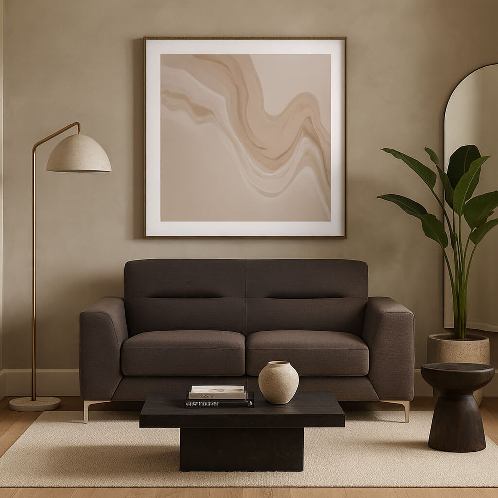 Two-seater sofa Athina, fabric, brown, in a living room, contemporary design. / Brown