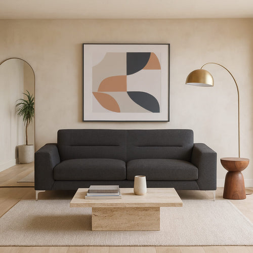 Three-seater sofa Athina, fabric, dark grey, for the living room, with metal legs / Grey