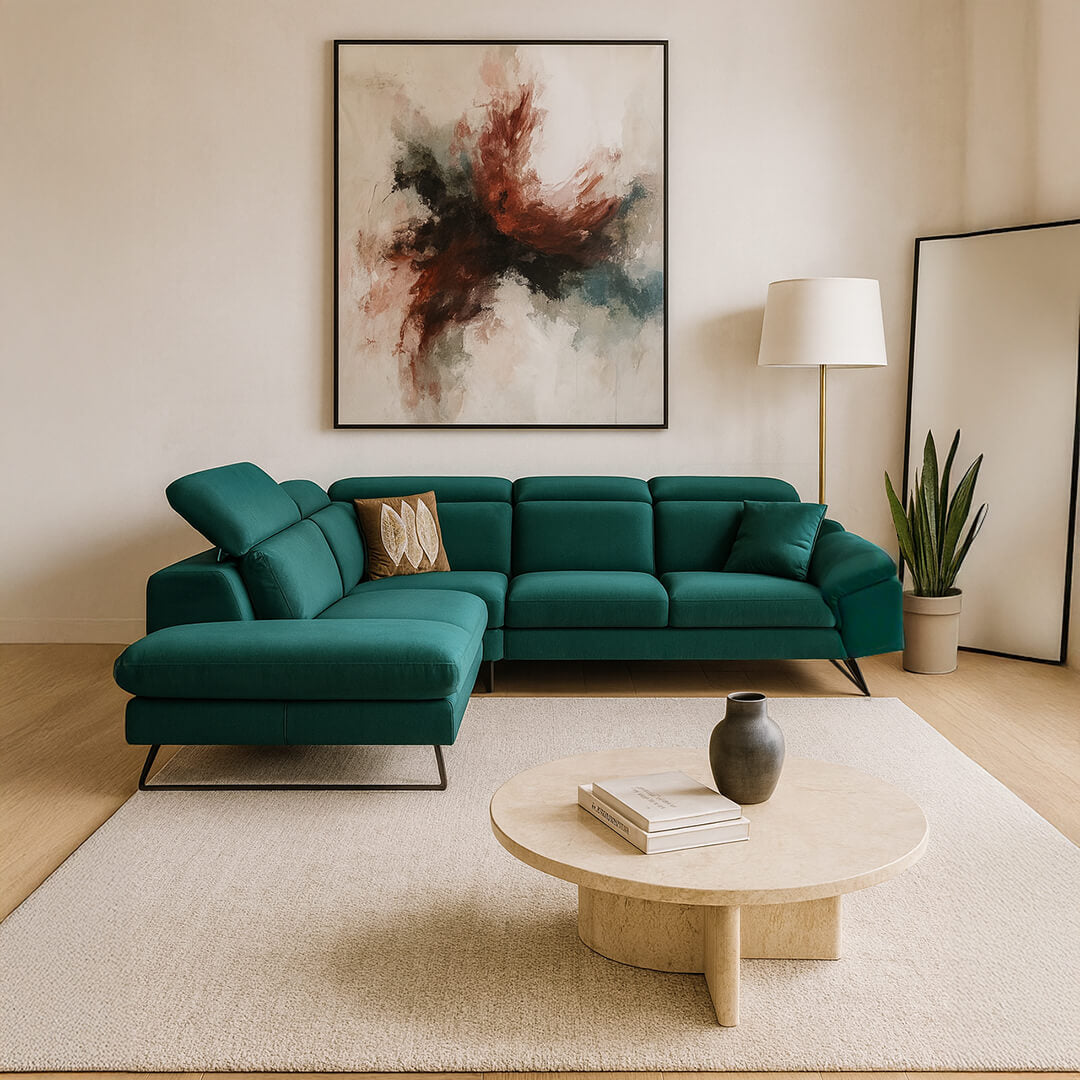 μοντέρνος γωνιακός καναπές- τιρκουαζ- microsuede - Lux Furniture
