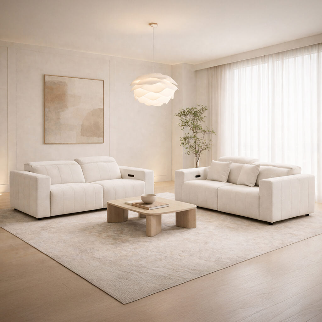 Σετ καναπέδων Bianca – τριθέσιος και διθέσιος – με μηχανισμό recliner – μπεζ ύφασμα – κομψό σαλόνι / Beige