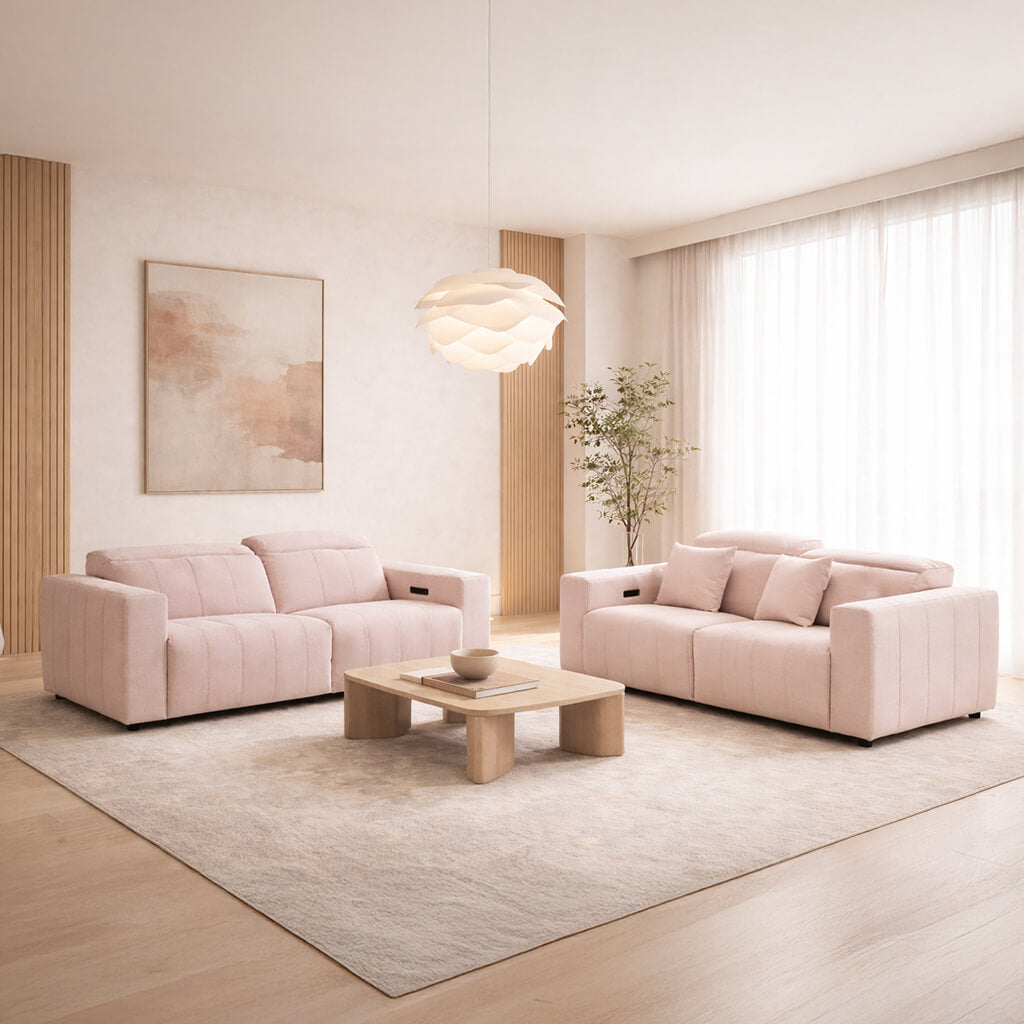 Σετ καναπέδων Bianca – τριθέσιος και διθέσιος – με ηλεκτρικό μηχανισμό recliner – ροζ ύφασμα – μοντέρνο σαλόνι / Pink