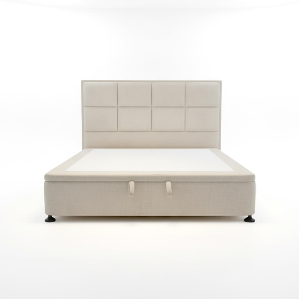 Κρεβάτι Carre με αποθηκευτικό χώρο – ύφασμα – εκρού – μπροστινή όψη – σε λευκό φόντο