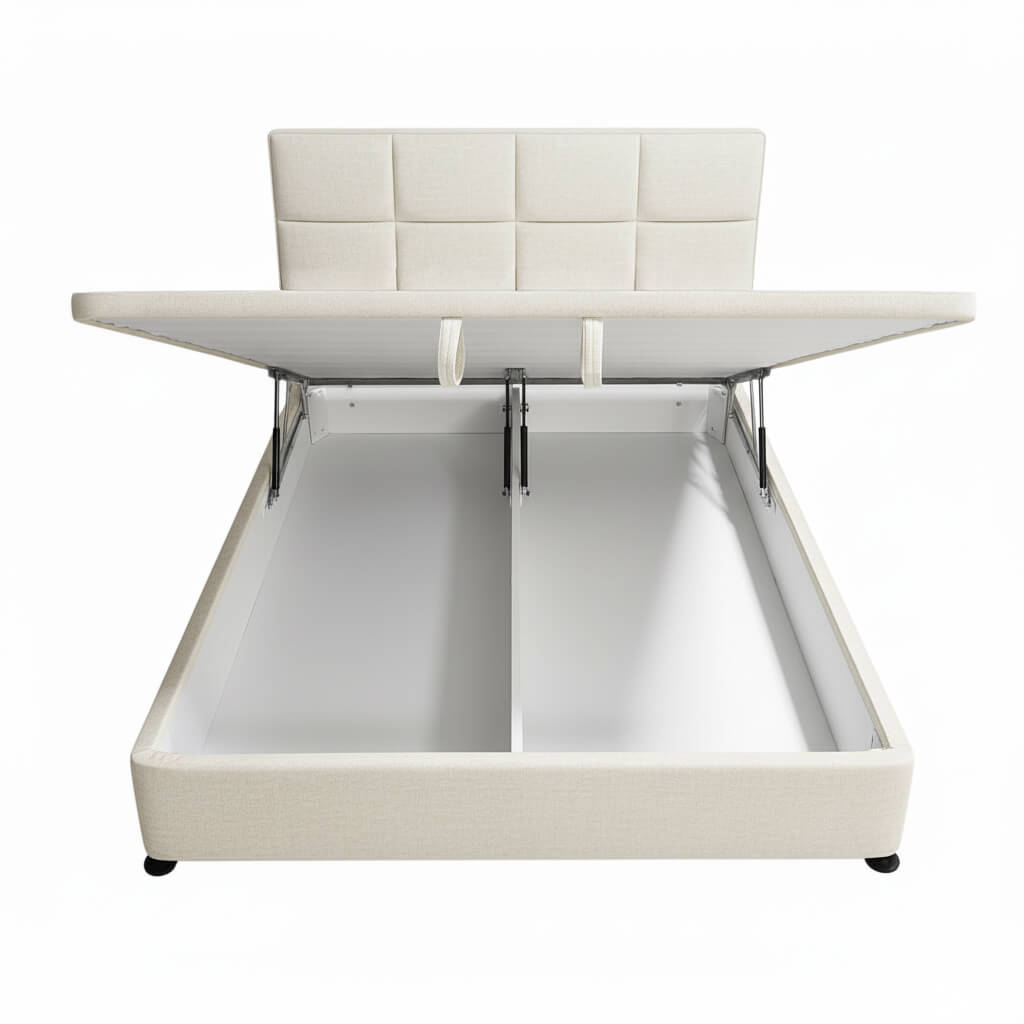 Κρεβάτι Carre με αποθηκευτικό χώρο – ύφασμα – εκρού – με ανοιχτό μηχανισμό ανύψωσης