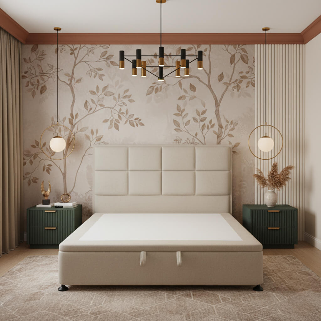 Κρεβάτι Carre με αποθηκευτικό χώρο – ύφασμα – εκρού – μπροστινή όψη – καπιτονέ κεφαλάρ