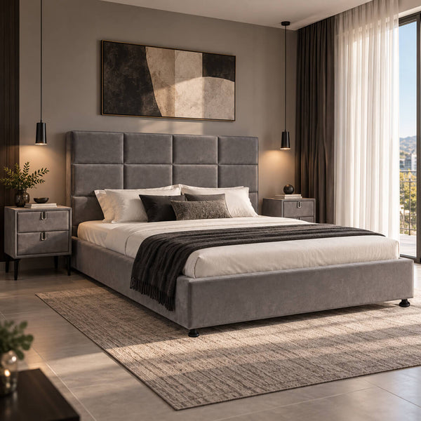 Κρεβάτι ντυμένο Carre –velvet– γκρι– με καπιτονέ κεφαλάρι – μοντέρνο στυλ