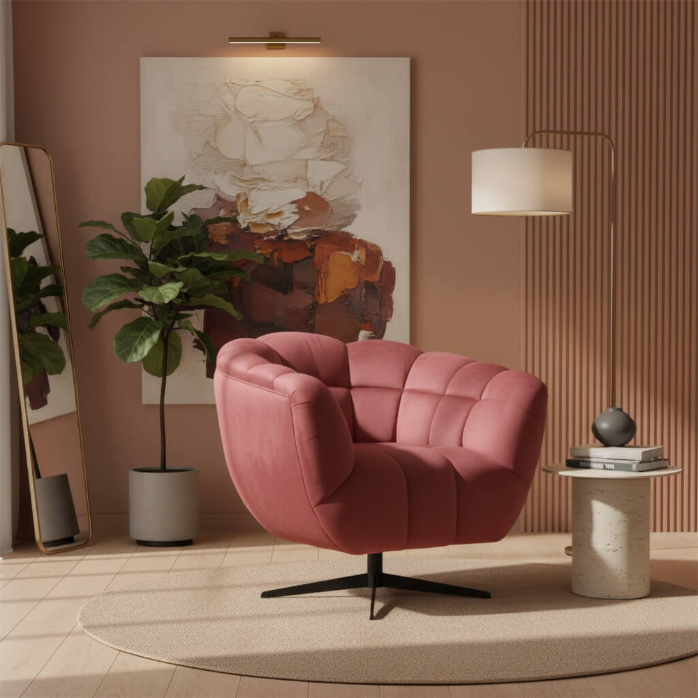 Daisy armchair, microsuede fabric, pink, swivel, modern style.