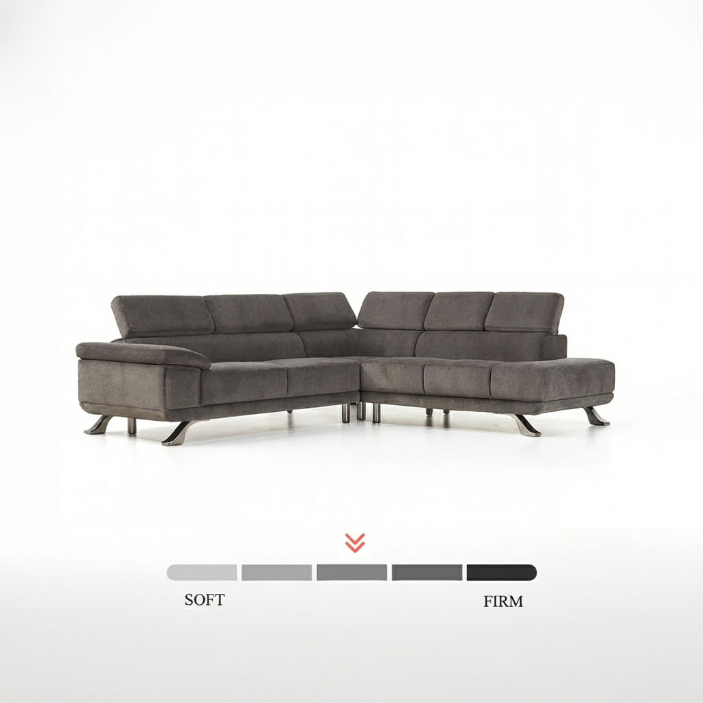 Γωνιακός καναπές Δανάη extra  – microsuede– γκρι – με πουφ – σε λευκό φόντο / Danae Dark grey