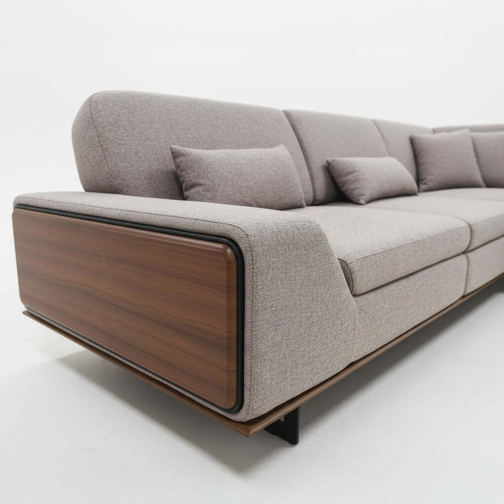 Λεπτομέρεια καναπέ Δίας – λινό ύφασμα και ξύλο – καφέ – στο μπράτσο – μοντέρνο design / Light Brown