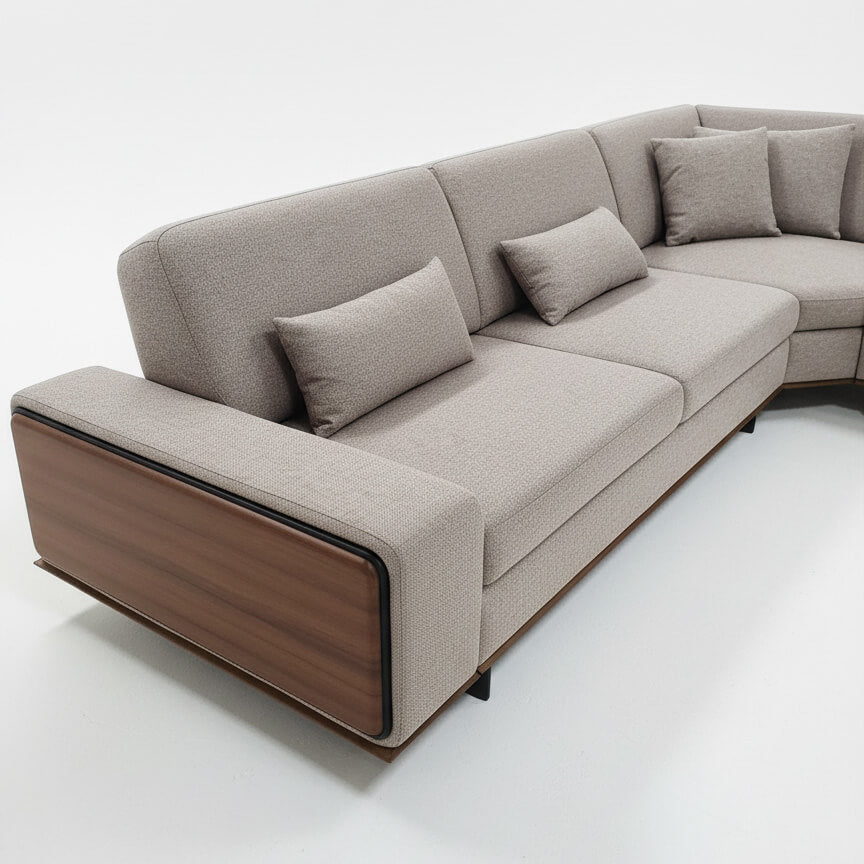 Λεπτομέρεια καναπέ Δίας – λινό ύφασμα – καφέ – με ξύλινο μπράτσο και ρυθμιζόμενη πλάτη. / Light Brown