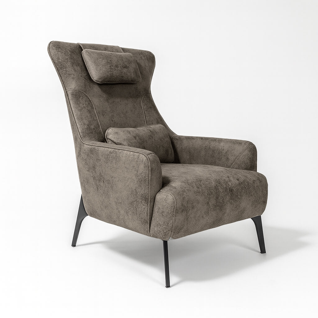 Πολυθρόνα Egon – ύφασμα microsuede – καφέ – με μαξιλάρι αυχένα – σε λευκό φόντο / Light Brown