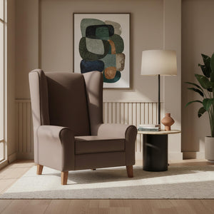 Elizabeth armchair, linen fabric, brown, wingback type, classic. / Brown