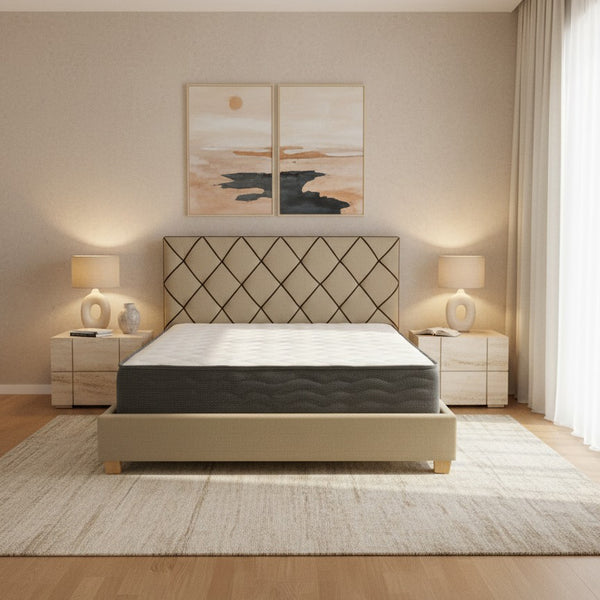 Ira upholstered bed, fabric, beige, with tufted headboard in a diamond pattern, modern