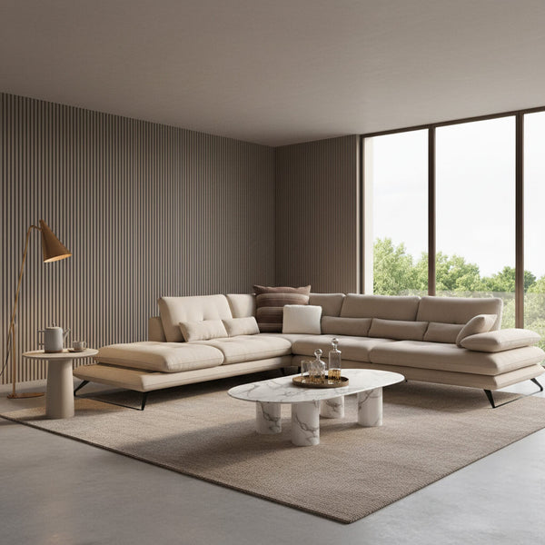 Ermis corner sofa, velvet, beige, in a modern living room, design.