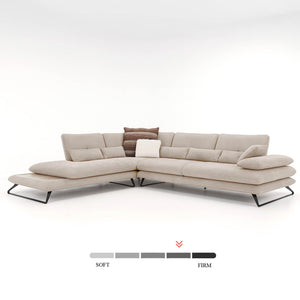 corner sofa, suede, beige, with thin metal legs, modern