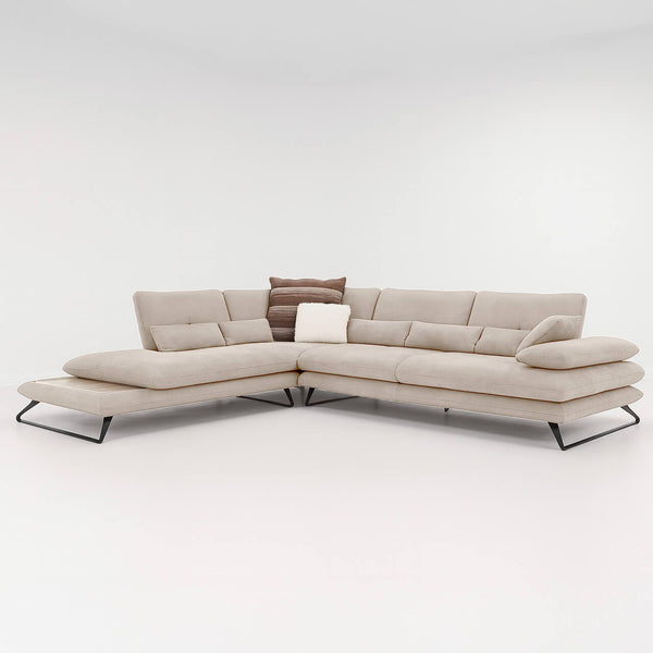 corner sofa, suede, beige, with thin metal legs, modern
