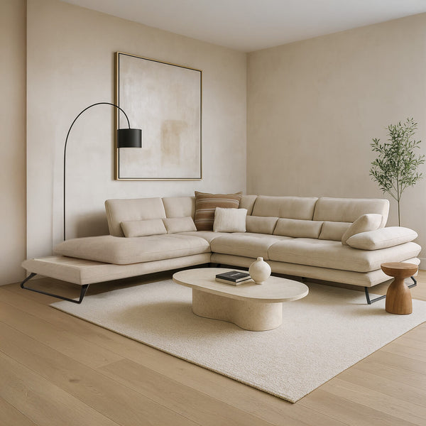 corner sofa, fabric, cream, with a chaise longue and a metal base, modern