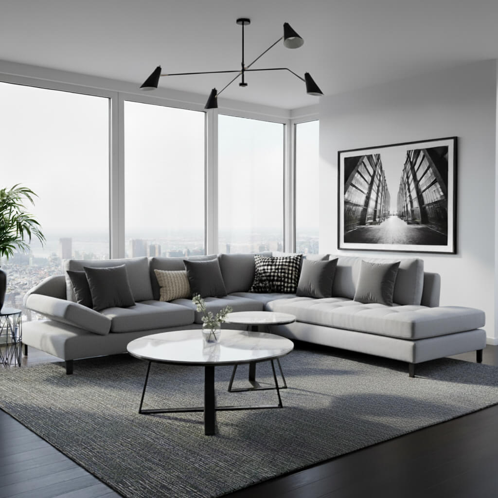 Γωνιακός καναπές Εστέλλα – ύφασμα – ανοιχτό γκρι – με καπιτονέ σεζλόνγκ – μοντέρνος / Light grey