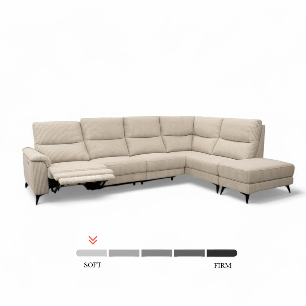 Γωνιακός καναπές Evora – ύφασμα – μπεζ – με μηχανισμό ανάκλισης – σε λευκό φόντο. / Beige