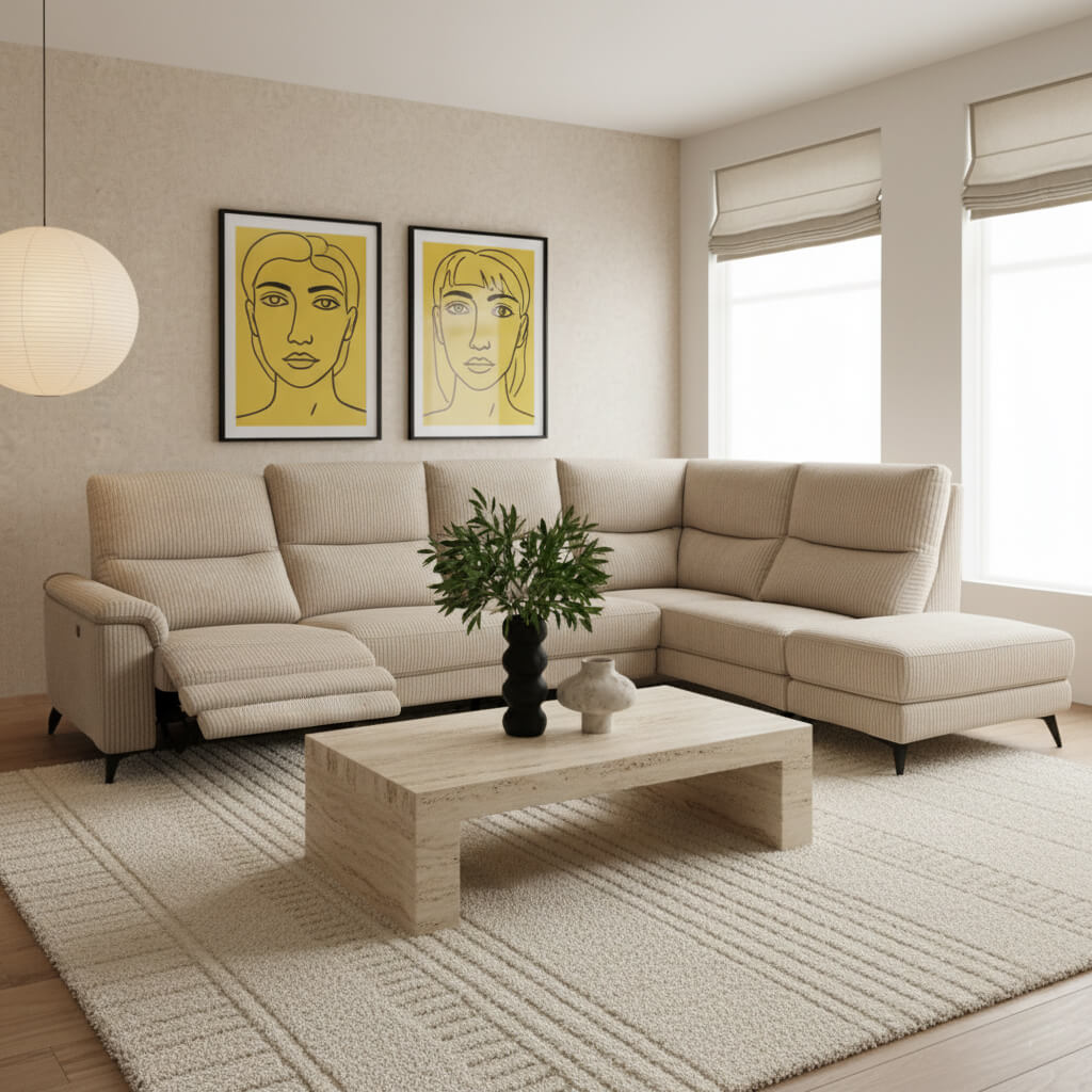 Γωνιακός καναπές Evora με ανάκλιση – ύφασμα – μπεζ – για σαλόνι – μοντέρνος σχεδιασμός / Beige