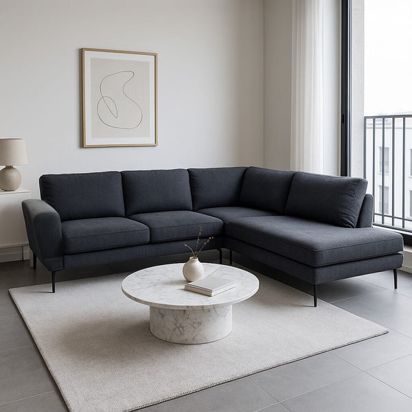 Faro corner sofa in dark grey: fabric L-shape with chaise and slim metal legs, elegant and practical / Grey