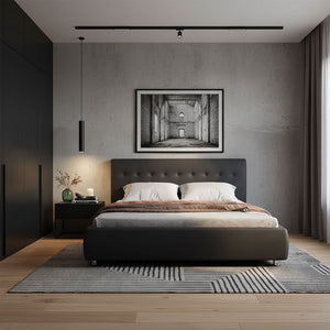 Galini upholstered bed, faux leather, charcoal, with tufted headboard, industrial style.
