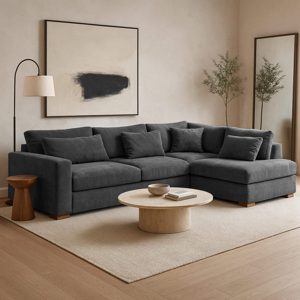 Charcoal corner sofa in suede microfibre with a right chaise in a modern living room / Grey