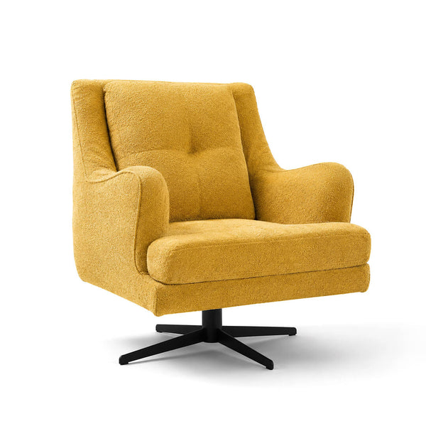 Πολυθρόνα HAVANA σε mustard yellow textured ύφασμα με ψηλή πλάτη, στρογγυλεμένα μπράτσα, φαρδύ κάθισμα και μαύρη μεταλλική βάση σε λευκό φόντο.