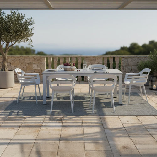 Hydra outdoor dining set, polypropylene, white, seats 6, minimal / White