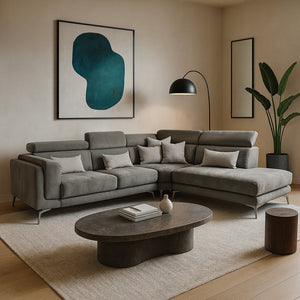 Jungle corner sofa, microfibre, grey, with adjustable headrests, contemporary