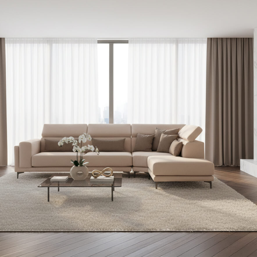 Γωνιακός καναπές Jungle – μικροΐνες – μπεζ – με ρυθμιζόμενα προσκέφαλα – σύγχρονος