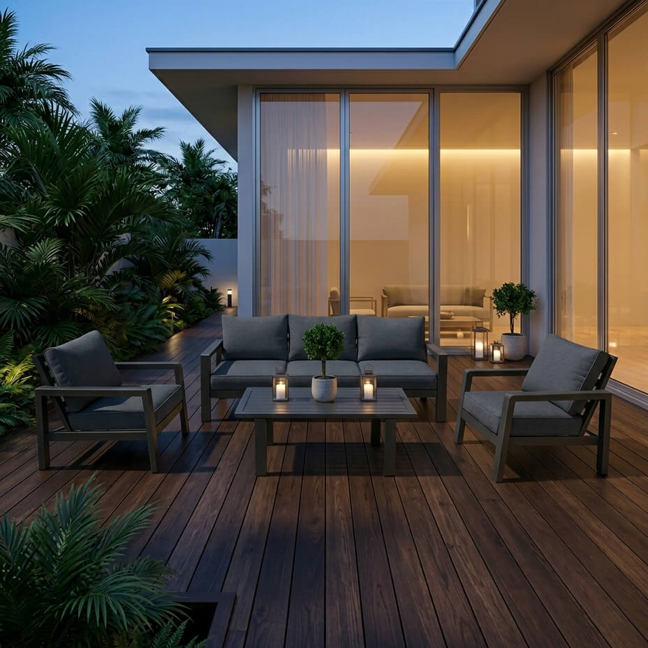 Σετ κήπου με μαύρο ματ σκελετό αλουμινίου, αποτελούμενο από έναν τριθέσιο καναπέ, δύο πολυθρόνες και ένα τραπεζάκι με γκρι μαξιλάρια, τοποθετημένο σε εξωτερικό χώρο με πέτρινη πλακόστρωση και φόντο μοντέρνα κατοικία με πράσινο κήπο. / Gray