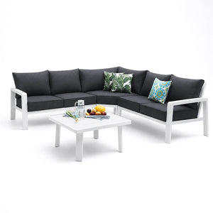 Garden corner sofa Kriti, aluminium, white with grey cushions, modern set