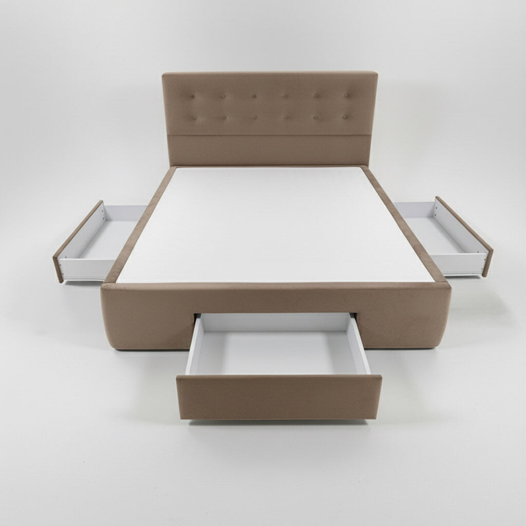 Κρεβάτι με αποθηκευτικό χώρο – βελούδο – καφέ – με 3 συρτάρια – καπιτονέ κεφαλάρι